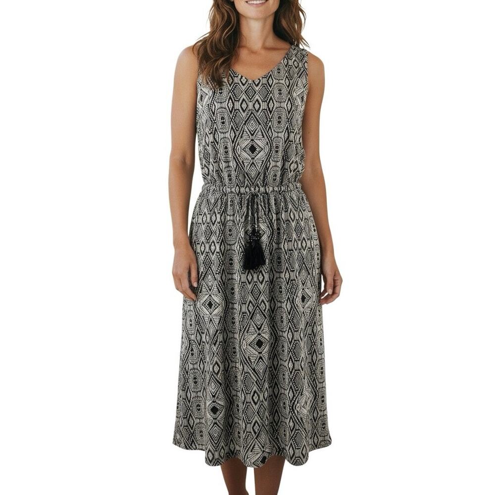 Lucky Brand Aztec Tribal Black White Print Boho Tassel Tie Dress XL